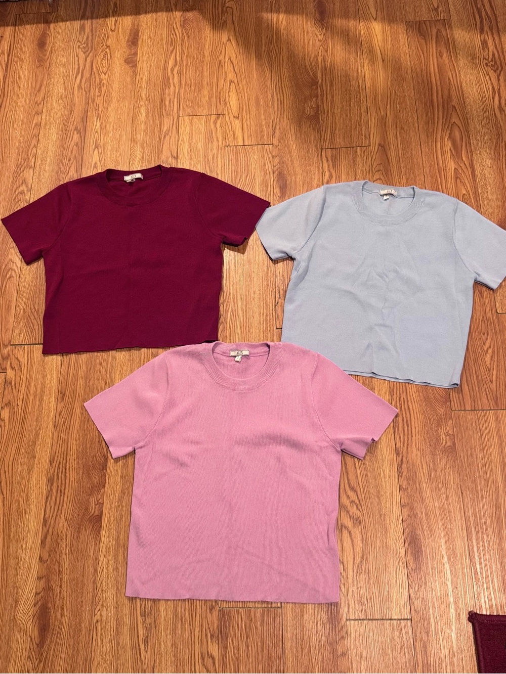 Short-Sleeve Knit Tees - Pink, Light Blue & Burgundy